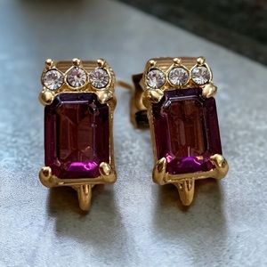 Dainty Vintage Purple Amethyst Rhinestone Gold Clip On Earrings Old Hollywood